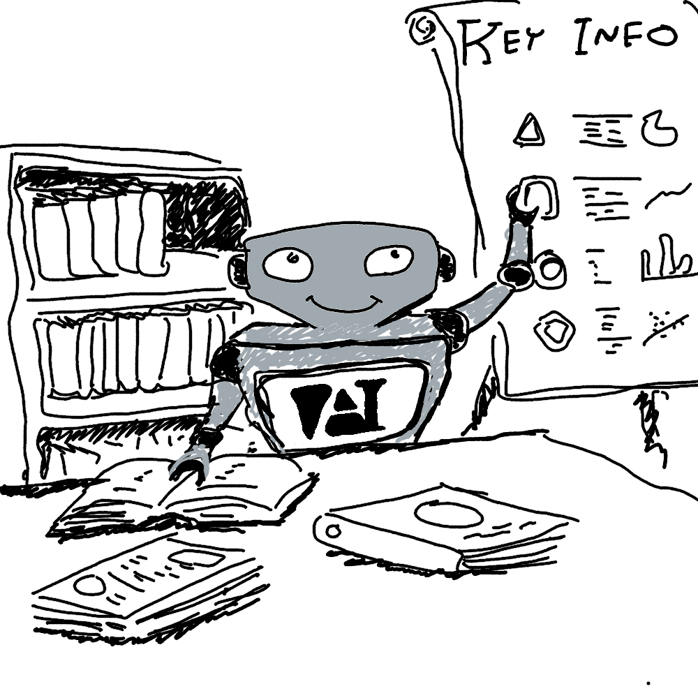 Picture of a cartoon robot teaching about artificial intelligence and data.