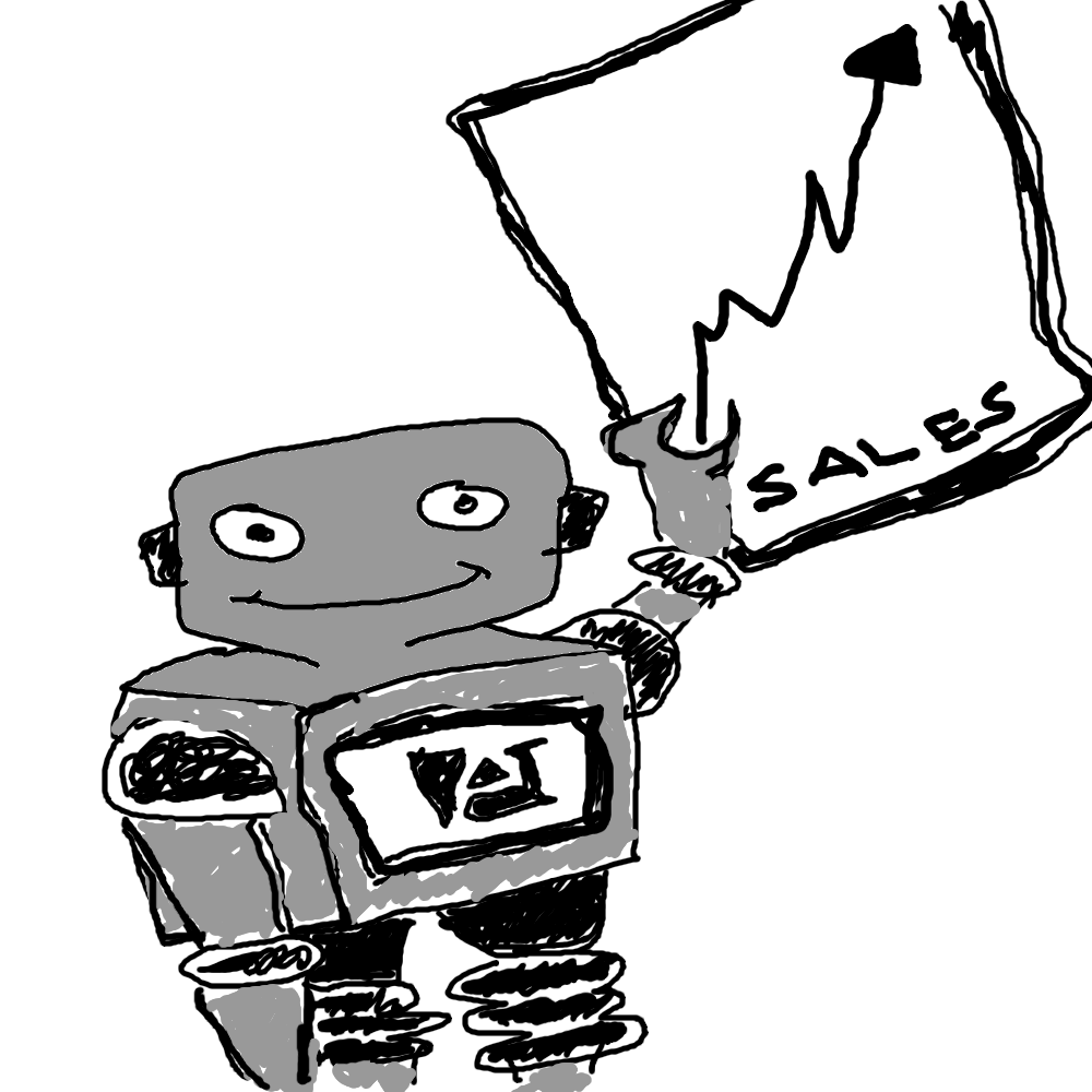 Robotti esittelee kuvaajaa, joka osoittaa myynnin kehittyvän positiivisesti.